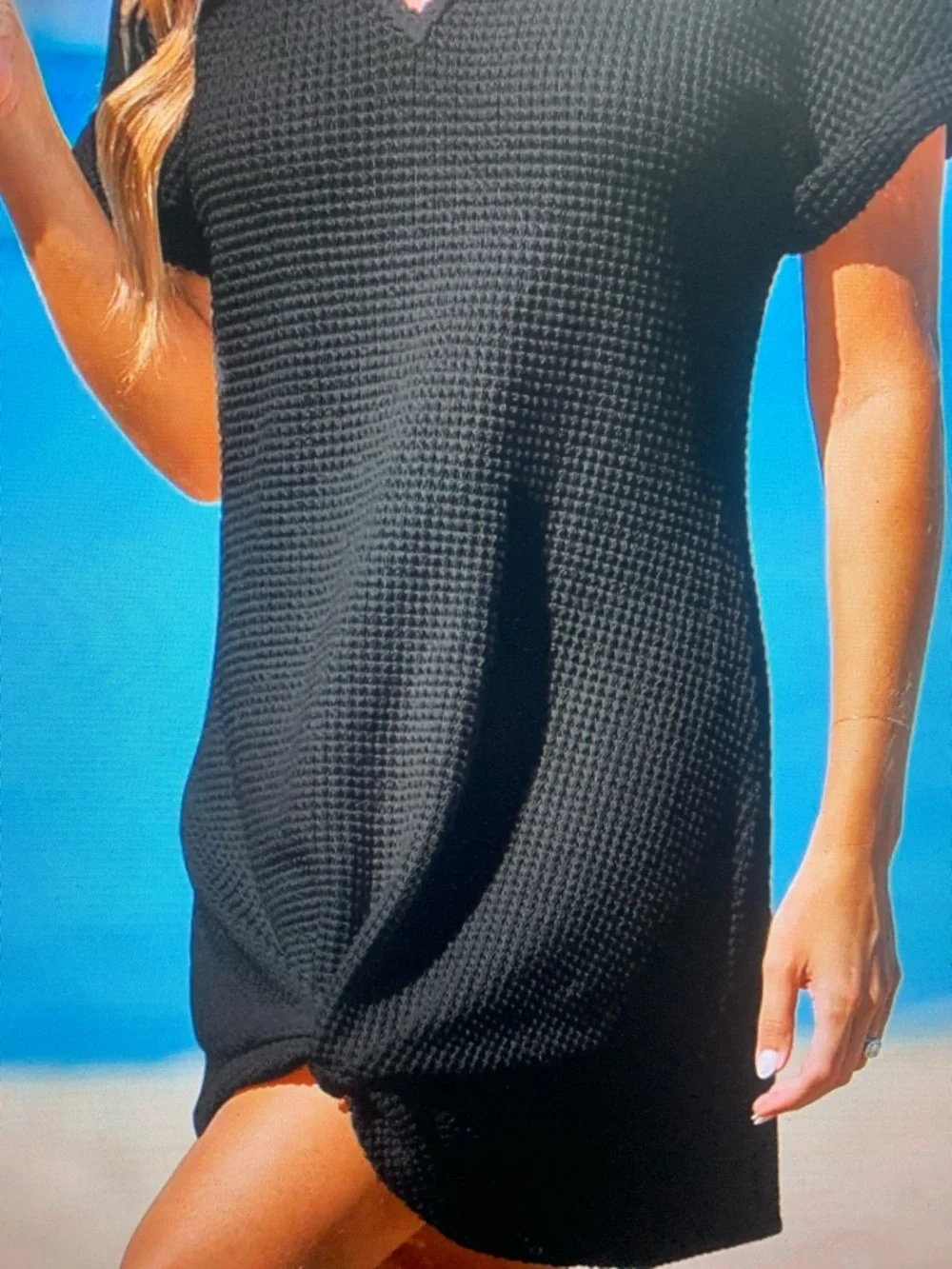 Black Waffle Knit Short Sleeve Tie-Hem Dress - Picture 4 of 6